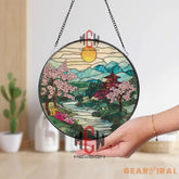 Japanese Cherry Blossom Stained Glass Suncatcher Mount Fuji Pagoda Window Panel Tranquil Zen Landscape Decor Asian